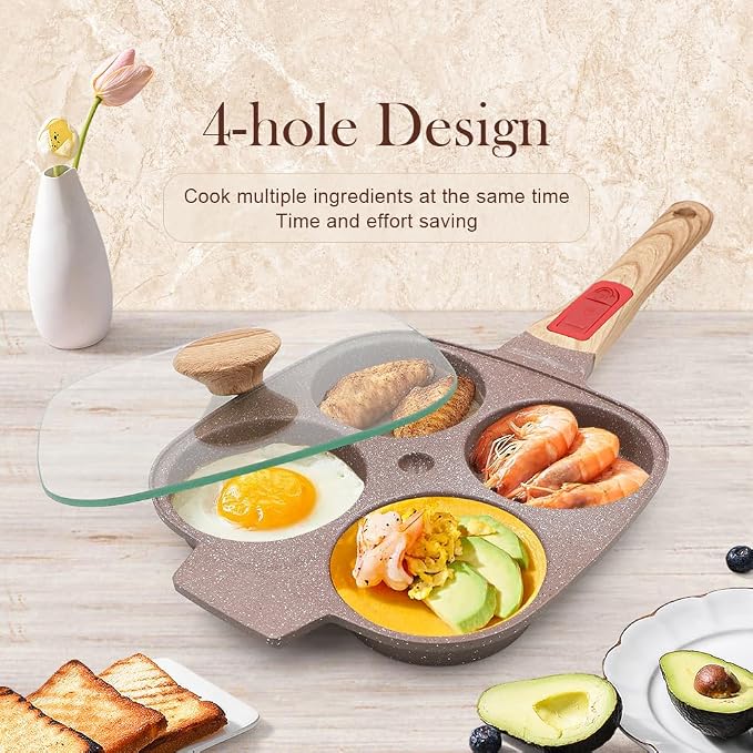 Ceramic Egg Frying Pan with Lid, Nonstick 4 Cup Fried Egg Pan - Brown | Detachable Handle, Omelette Pan Induction Compatible