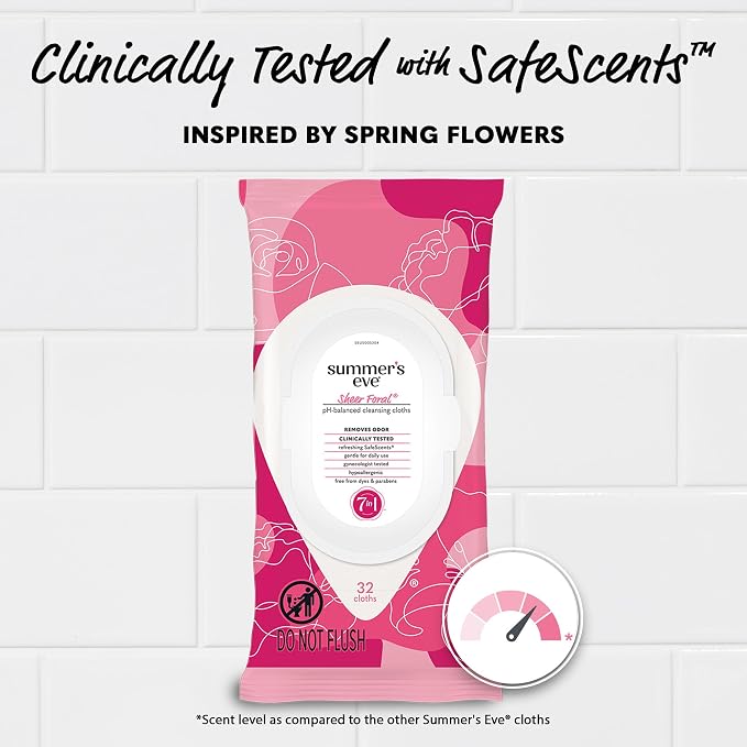 Summer's Eve Sheer Floral Feminine Wipes, Gentle pH-Balanced Formula Helps Control Vaginal Odor, Resealable Pack, 32 Wipes, (Pack of 12)