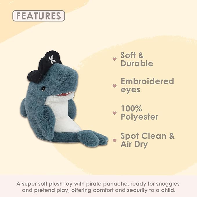 MON AMI Captain O'Fish Pirate Shark Stuffed Animal 12”, Soft & Cuddly, Use as Toy or Nursery Room Décor, Ocean Animals, Great for Kids of All Ages