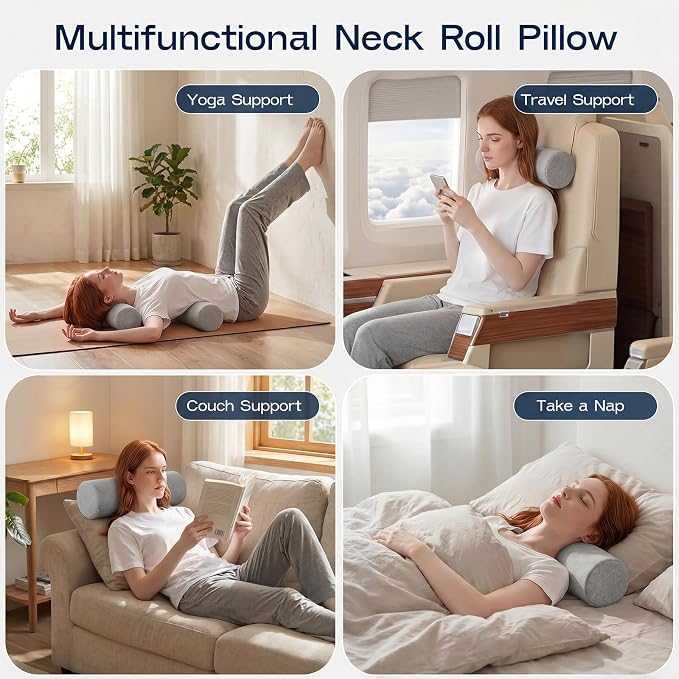 Neck Roll Pillow for Neck Pain Relief - Memory Foam Neck Support Pillow for Bed, Cylinder Pillows, Round Neck Pillow for Sleeping, 15.7 * 5 * 5 inch (Grey)