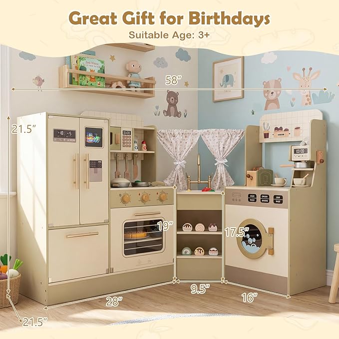 Costzon Kids Corner Play Kitchen, Pretend Play Kitchen Playset w/Stoves, Coffee Machine, Refrigerator, Microwave, Toaster & Accessories, Wooden Toy Kitchen Set for Boys Girls 3+