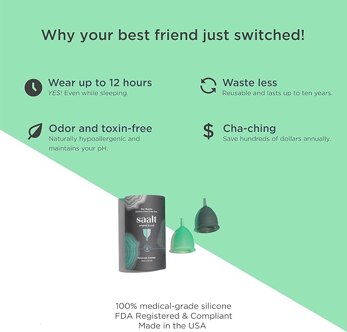 Saalt Twin Pack - Reusable Medical-Grade Silicone Period Cup - Wear for 12 Hours - Saalt Soft & Original Firmness (Regular)