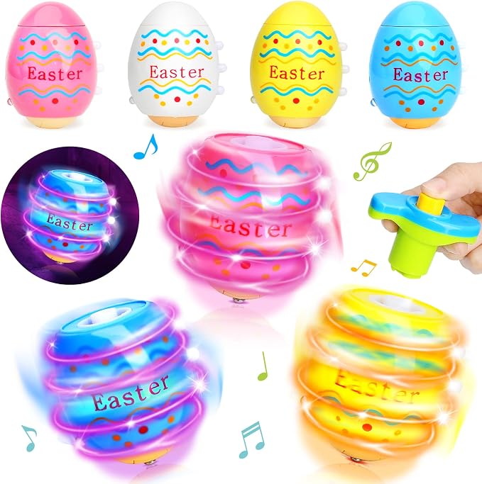 Light Up Easter Eggs Toy Gifts for Kids, 6 Easter Egg Spinning Tops with Flash & Music, Easter Basket Stuffers, Easter Eggs Hunt Prize, Kids Goodie Bag Fillers, Party Favor Novelty Bulk Toys