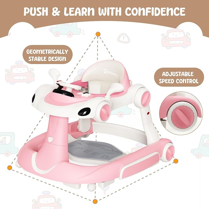6 in 1 Foldable Baby Walker, Activity Baby Walker-Baby Bouncer, Rocker, Activity Center,Push Walker,Detachable Trampoline Mat, Adjustable Speed Rear Wheels and Height,Music & Lights,Ages 6-18 Months