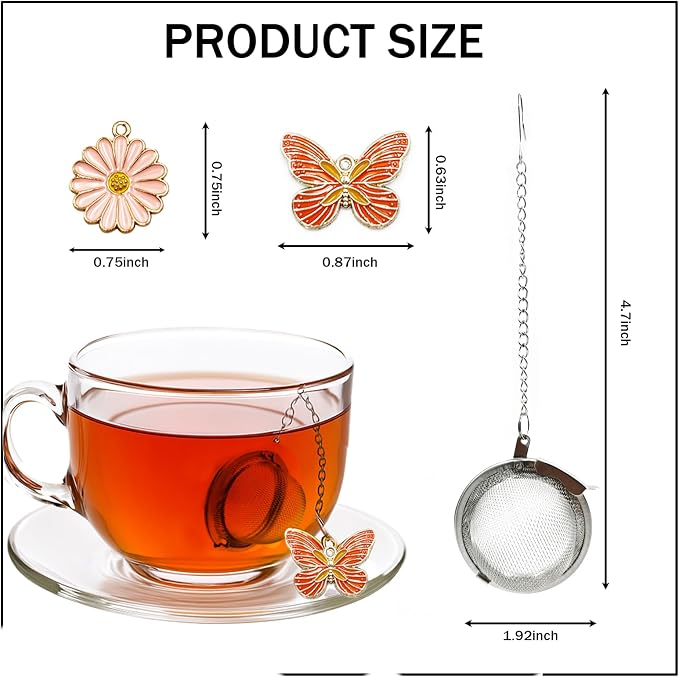 Tea Ball Strainers, 2 Pack Stainless Steel Tea Infuser with Pink Butterfly Blossom Charm, Reusable Fine Mesh Tea Steeper for Loose Leaf Tea, Tea Strainer Gift for Tea Lovers