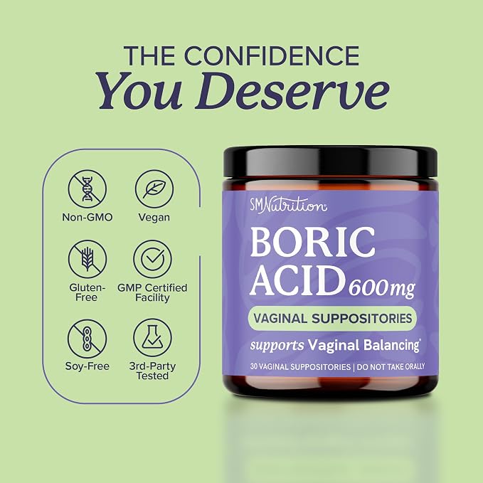 Boric Acid Suppositories for Women 600mg, pH Balance & Vaginal Odor Support | Feminine Hygiene Itching & Intimate Health Support, Boric Acid for Women Vaginal Suppositories, Unscented, Vegan, 30 Count