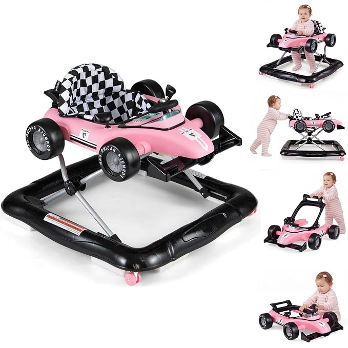 HONEY JOY Baby Walker, 4-in-1 Foldable Infant Activity Push Walker, Toddler Car Walker with Adjustable Heights, Music, Lights, Padded Seat, Baby Walker with Wheels for Boys Girls 6-18 Months (Pink)