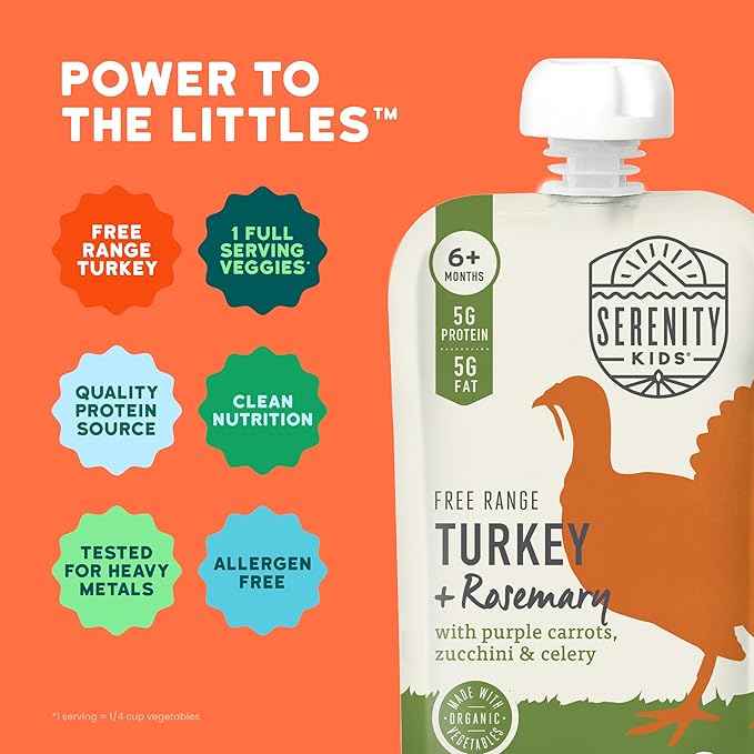 Serenity Kids 6+ Months Baby Food Puree Pouches - Turkey & Rosemary - Nutrient Packed 5g Protein & Vegetables - No Added Sugar for Baby Meals - Portable Food Pouch for Toddler Snacks - 3.5 Oz, 12 Pack