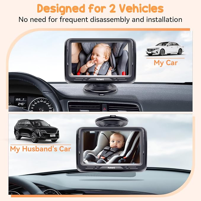 Rohent Baby Camera for Car 2 Pack - Dual HD 1080P Monitors with Night Vision, Adjustable Angles, Glare-Free Display, Easy Installation for Two Vehicles, Ideal for Road Trips