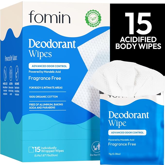 FOMIN Acidified Travel Deodorant Wipes For Women & Men - 15 Count - Fragrance Free - pH Balanced, Mini Deodorant Travel Size - Plastic-Free, Individually Wrapped Underarm Body Wipes