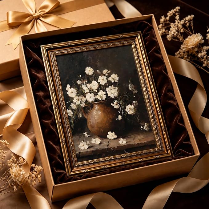 Vintage White Flower Canvas Wall Art,Gold Framed Floral Wall Decor16x12in | Antique White Flower Picture Artwork For Cottagecore Living Room, Bedroom and Entryway and Gallery Wall