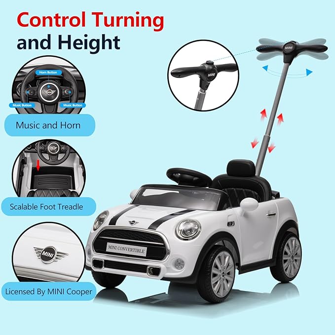Kids Push Car,Ride On Car,Licensed MINI Cooper Toddler Push Car Toy with Adjustable Push Rod, Horn Music, Seat Belt,- Ideal Stroller Substitute for Kids 1-3 Years Old