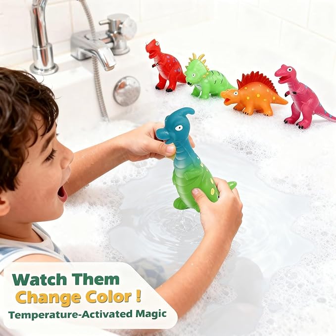 Color Changing Dinosaur Bath Toys: Mold Free No Hole Bathtub Toys for Toddlers 1-3 2-4 - Fun Kids Dinosaur Toys for Boys Girls Ages 3-5