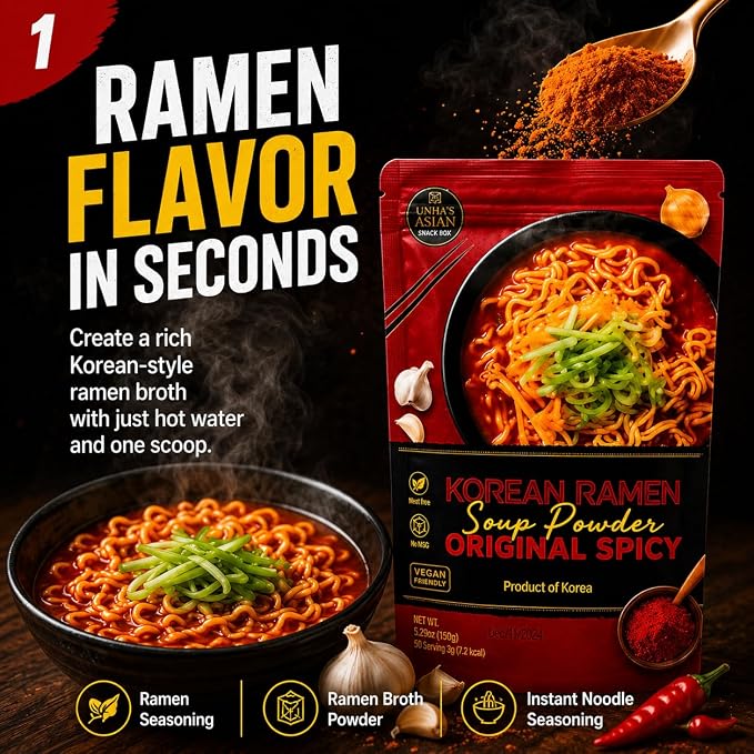 Unha's Korean Spicy Ramen Seasoning Powder, Vegan, 5.29 oz | korean spicy ramen seasoning, vegan soup powder, 5.29 oz pouch, hot broth, noodles udon rice hot pot