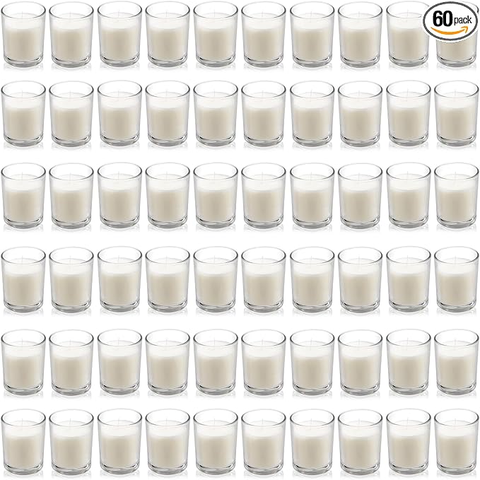 Housecret 60 Pack Warm White Unscented Clear Glass Filled Votive Candles. Hand Poured Wax Candle Ideal Gifts for Aromatherapy Spa Weddings Birthdays Holidays Party