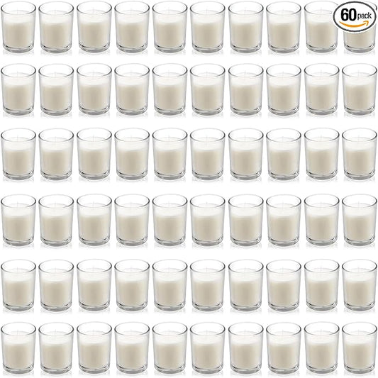 Housecret 60 Pack Warm White Unscented Clear Glass Filled Votive Candles. Hand Poured Wax Candle Ideal Gifts for Aromatherapy Spa Weddings Birthdays Holidays Party