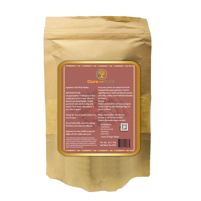 Cure wid Pure Whole Dried Rose Hips 4oz in Eco-Friendly Resealable Bag Rich in Vitamin C & Antioxidants -Non-GMO,Preservative-Free Rose Hips Dried Organic For Jams,Jellies & More