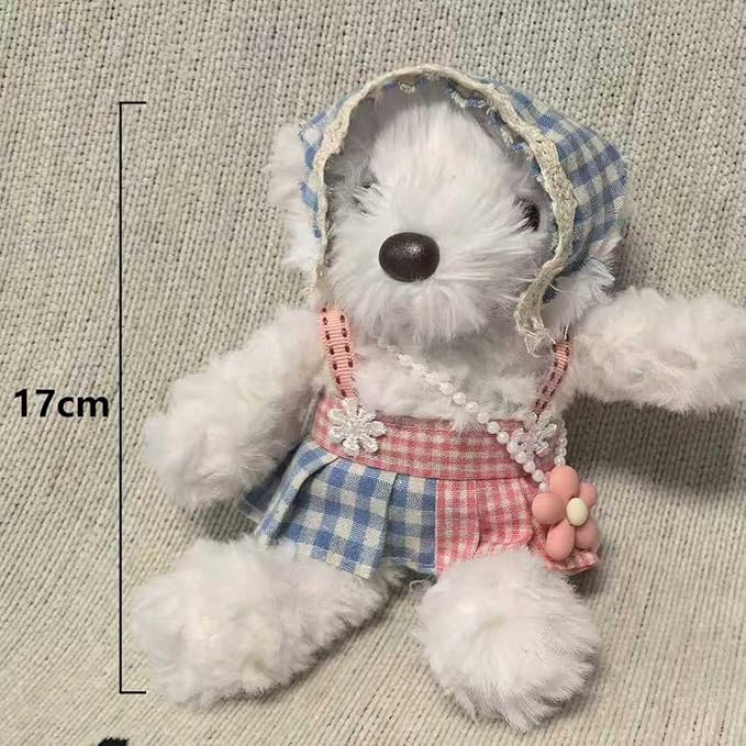15-17cm Doll Clothes Set - Plaid Dress with Hat & Pearl Necklace for Stuffed Animals (No Doll Included)