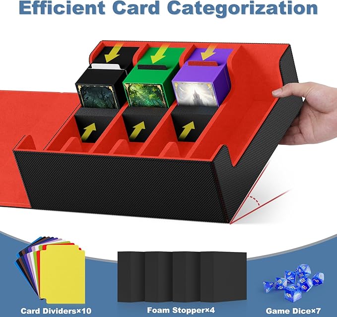 Mlikero Card Deck Case, 2400+ Trading Card Storage Box with 10 Colorful Dividers and 4 Foam Stoppers, Leather Magnetic Closure Commander Deck Box Fit for MTG, TCG (4 Rows, Black&Red)