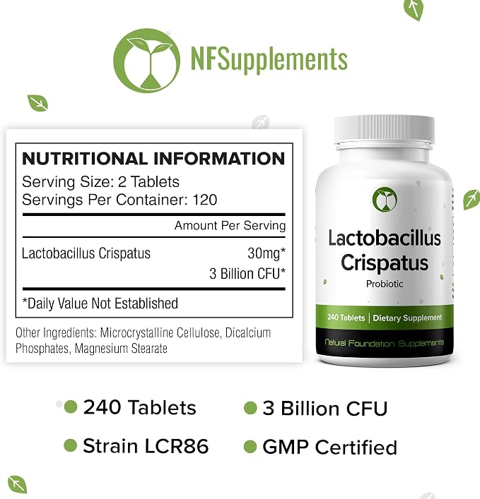 Lactobacillus Crispatus Probiotic 240 Tablets (4 Month Supply) – Researched Strain LCR86 – 3 Billion CFU – Digestive & Vaginal Health Support – GMP Certified (240, Lactobacillus Crispatus)