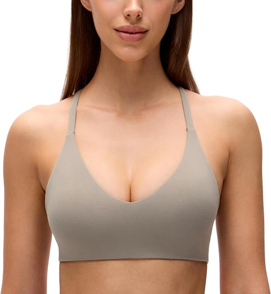 CRZ YOGA Butterluxe Low Coverage V Neck Sports Bras for Women - Spaghetti Straps Racerback Padded Yoga Top
