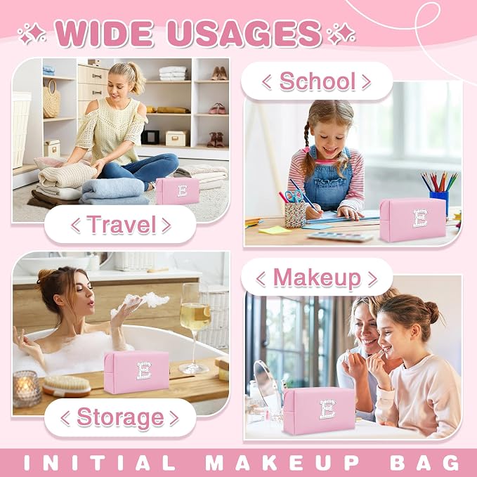 ChaoGreat Bride Gifts – Personalized Initial Makeup Bag with Pearl Rhinestone Patch, Preppy Pink Monogram Cosmetic/Toiletry Pouch, bridesmaid Gifts, Bridal Shower Gifts, Wedding Gifts, Bridal Gifts,E