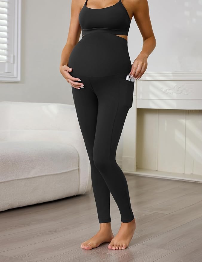 Buttergene 1 Pack Women's Maternity Leggings with Pockets Over The Belly Pregnancy Active Wear Workout Yoga Tights Pants