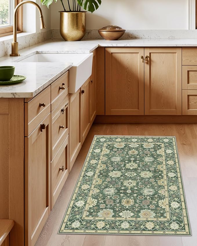 AMADA HOMEFURNISHING 2x3 Washable Entry Rug, Vintage Distress Print Pattern Carpet Small Rugs for Entryway Kitchen Bathroom Door Mat Indoor Entrance, Olive Green