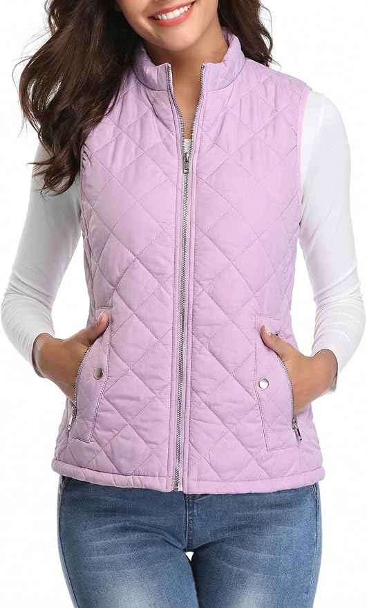 Fuinloth Women's Quilted Vest Lightweight Puffer Stand Collar Zip Gilet | 4 pockets with 2 inner storage. Quilted padded warm gilet. Fall winter outerwear layering vest for travel hiking daily wear.