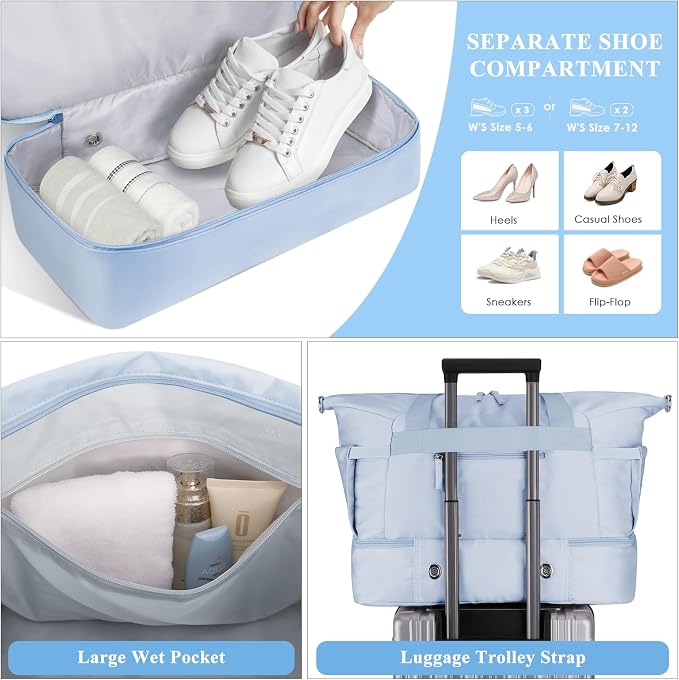 Gym Bag for Women, 45L Carry On Travel Duffel Bag with Shoes Compartment, Weekender Overnight Bag with Wet Pocket for Women, Travel, Gym, Weekend, Large Size