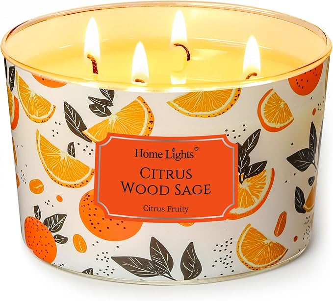 HomeLights Citrus Wood Sage Scented Candles | 18oz Soy Candles Eclectic Mixed Styles 4-Wick Large Candle Jars | Ideal Candle Gifts for Events, Home Decor Stress, Relief & Relaxation