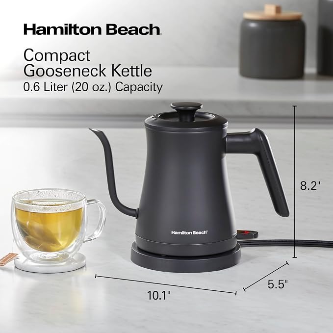 Hamilton Beach Compact 20 oz. / 0.6 Liter Gooseneck Electric Kettle for Boiling Water, Pour Over Coffee, Tea, 1200 Watts, Stainless Steel BPA-Free Interior, Black (41046)