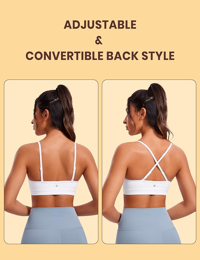 CRZ YOGA Butterluxe V-Neck Sports Bras for Women - Adjustable Thin Straps Padded Yoga Top Basic Wireless Camisole