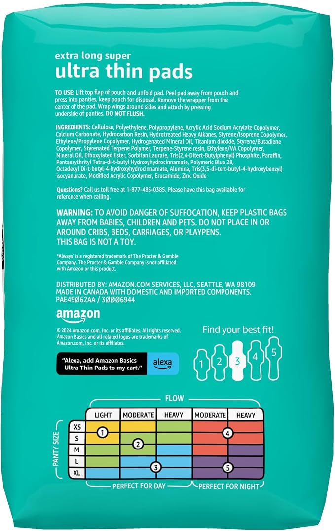 Amazon Basics Ultra Thin Pads with Flexi-Wings for Periods, Extra Long Length, Super Absorbency, Leak Protection, Unscented, Size 3, 28 Count