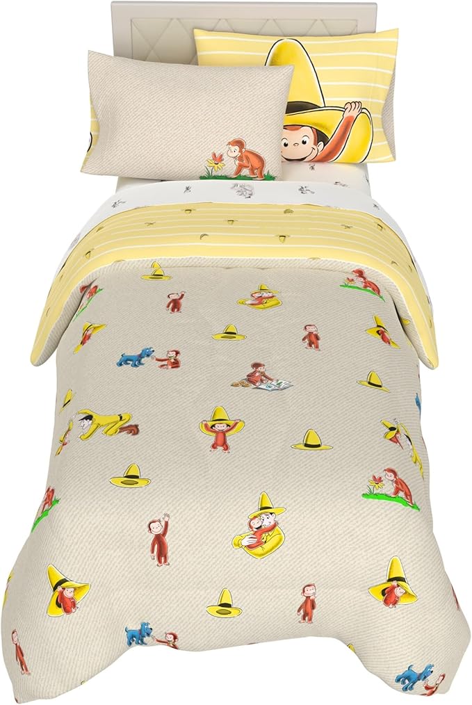 Curious George Bedding Set, Twin Size 5 Piece Set Kids Super Soft Cozy Reversible Comforter and Sheet Set with Sham, (100% Officially Licensed Product) by Franco