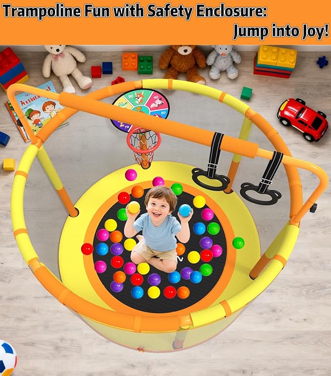 LANGXUN 60" Trampoline for Kids, 5ft Toddler Mini 6-in-1 Trampoline Indoor Outdoor with Swing, Basketball Hoop, Dart Board, Gymnastics Bar, Rings, Christmas Toys Birthday Gifts for Girls Boys