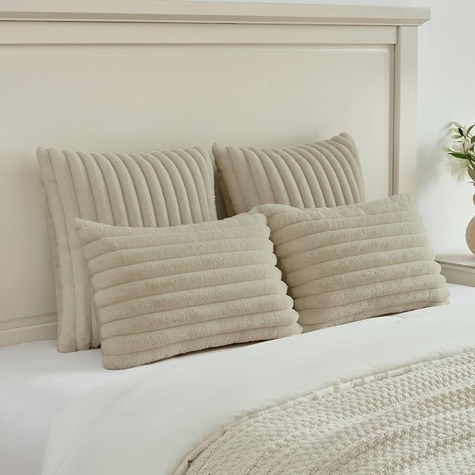 FUTEI Pack of 2 Faux Fur Throw Pillow Covers 20x20 Inch, Beige | Fluffy Faux Rabbit Fur Front/Premium Velvet Back,Hidden Zipper,Machine Washable,Non-Shedding,Colorfast,Insert Not Included.