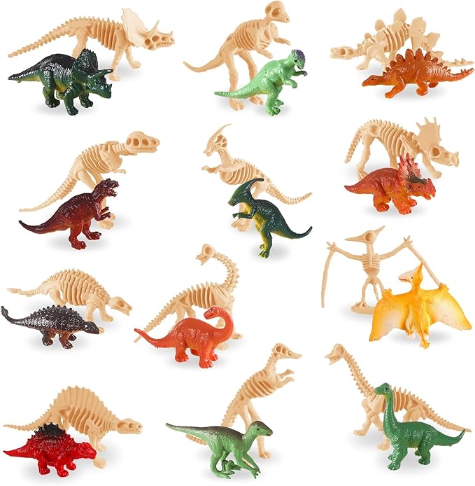UPINS 24 pcs Dinosaur Skeleton Toy 3.5 Inch Assorted Figures and Dinosaur Fossil Skeletons with Storage Box Educational for Science Play Dino Sand Dig Party Favor Decorations