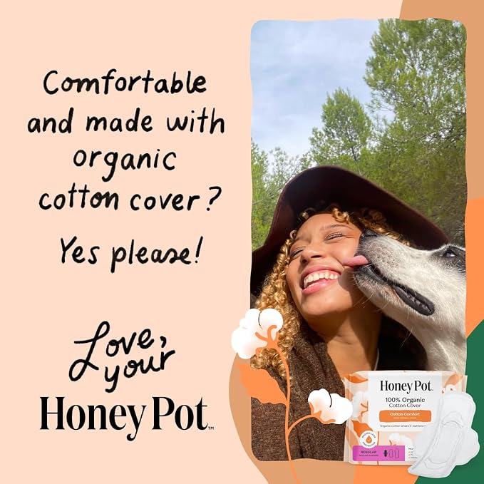 The Honey Pot Company - 64ct - Sanitary Pads for Women - Non-Herbal Super w/Wings - Organic - Cotton Cover, & Ultra-Absorbent Pulp Core - Feminine Care