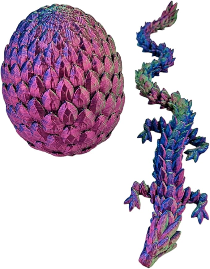 Surprise Dragon Egg Articulating Gemstone Dragon Fidget Figurine - 3D Printed Dragons Flexible ADHD, Autism, Relief Anxiety - Articulated Joints (Blue Green Purple)