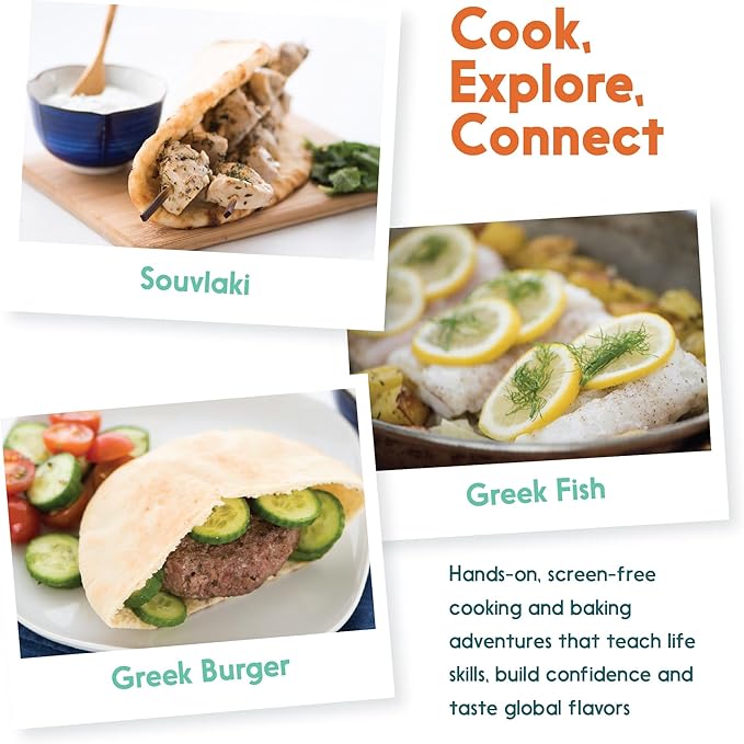Cooking Kits for Kids - Interactive & Educational Set with 3 Recipe Cards, Key Ingredients & Cooking Tools - Ideal Idea for Kids who Love to Create Meals (Greece Edition)