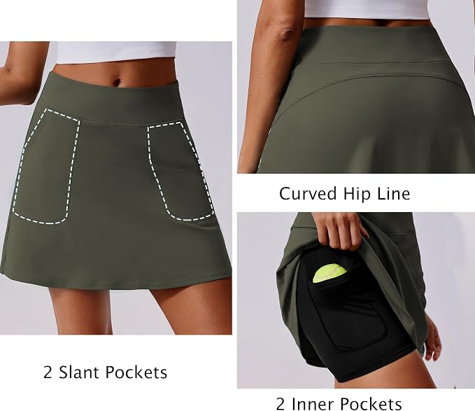 PINSPARK 17" Golf Skorts for Woman High Waisted Tennis Skirt with 4 Pockets | Lightweight, Quick Dry, 4-Way Strecth, Breathable, Tummy Control, UPF 50+ Athletic Skort for Workout, Pickleball, Gym, Casual