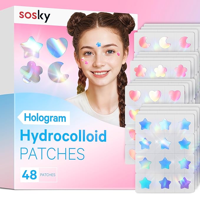 Sosky Hologram Pimple Patches for Face, Hydrocolloid Acne Patches with Salicylic Acid, Cute Star Zit Stickers,Colorful Blemish Covers,48 Count Blue Pink Star Heart Moon Flower