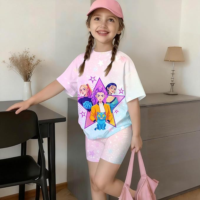 K-POP DEM0N Hunters Outfits for Girls, 2 Piece T-Shirts and Apparel Sets Birthday Gift