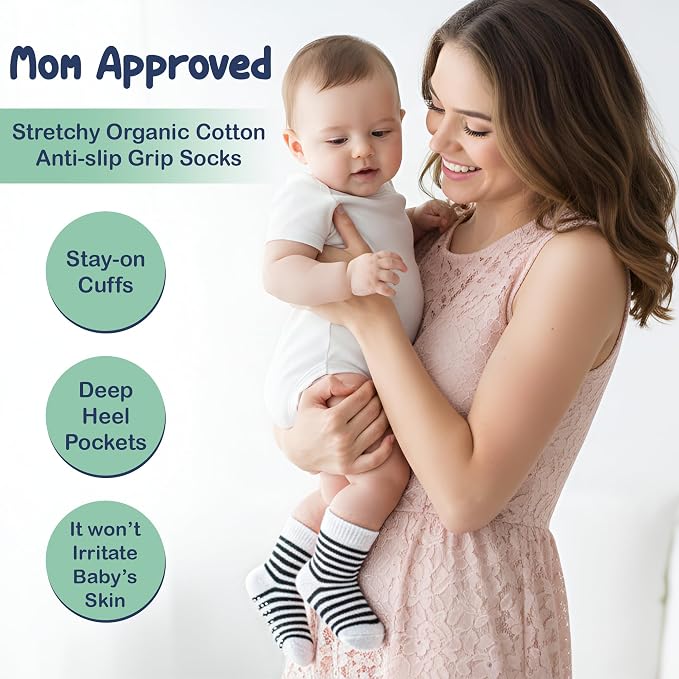 Mother's Choice Organic Cotton Baby Socks 6-12 Months - 12 pairs Unisex, Infant White Socks With Grips, Soft 12 Months Girls & Boy Sock, Play & Gap Baby Slipper Sock Girl Sock for Babies Registry
