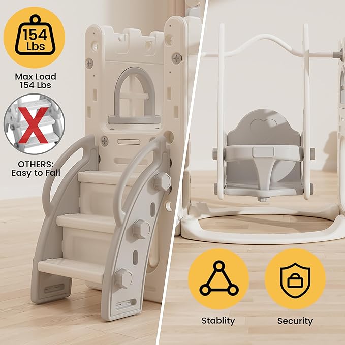 10 in 1 Toddler Slide Age 1-3 with Swing Basketball Hoop and Telescope Indoor Outdoor Slide Playset Toddler Playground (Grey)