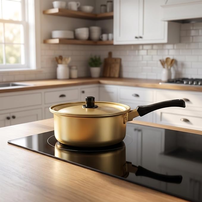 OUNONA 2pcs Gold Korean Ramen Pot Set - Large and Small Aluminum Cooking Pot with Lid - Suitable for Stovetop Noodle Soup Kitchenware