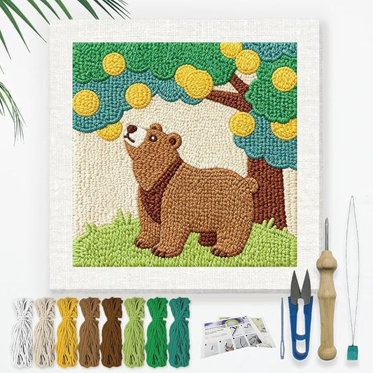 Doodlream Brown Bear DIY Punch Needle Embroidery Kit for Adult Beginner, 9.4" Cute Bear Animal Tree Punch Stitching Craft Set for Starter with Frame,Fabric Pattern,Threader, Yarn, Pinch Needle