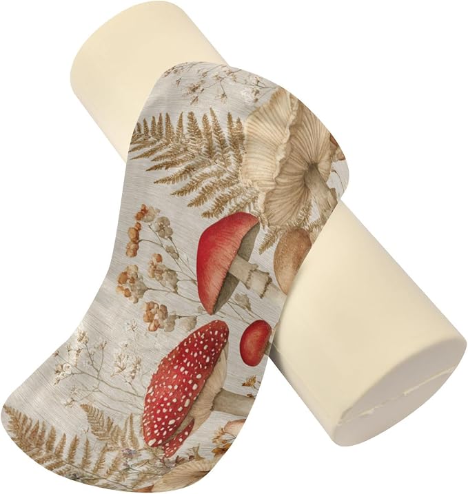 Watercolor Forestm Mushroom Beige Neck Roll Pillow Bolster Round Health Memory Foam Long Cervical Cylinder Pillows with Removable Washable Cover for Body Bed Legs Back Yoga