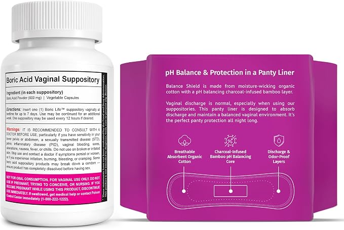 NutraBlast Boric Acid Suppositories 600mg (30 Count) Bundle with Balance Shield Panty Liners (180mm, 20-Pack) | Discharge & Odor-Proof Layers | Charcoal-Infused Bamboo Balancing Core